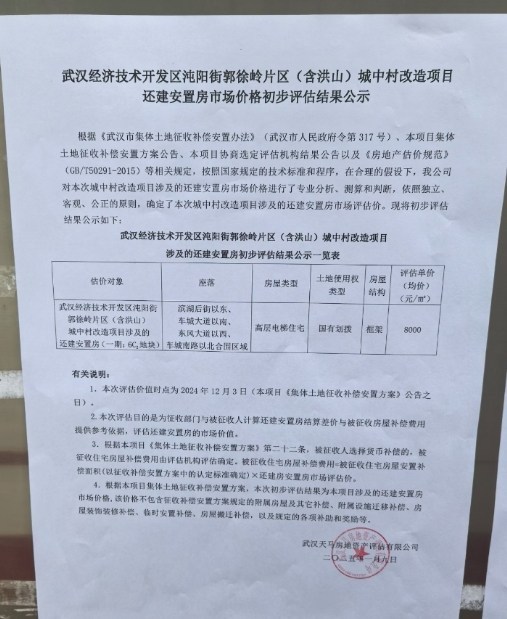 沌口郭徐岭城中村改造还建房评估价和临时过渡费出炉