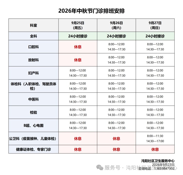 沌阳社区卫生服务中心国庆、中秋节上班时间