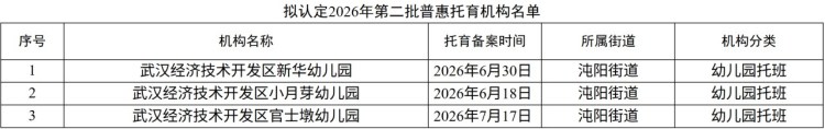2026年武汉经开区第二批普惠托育机构名单公示