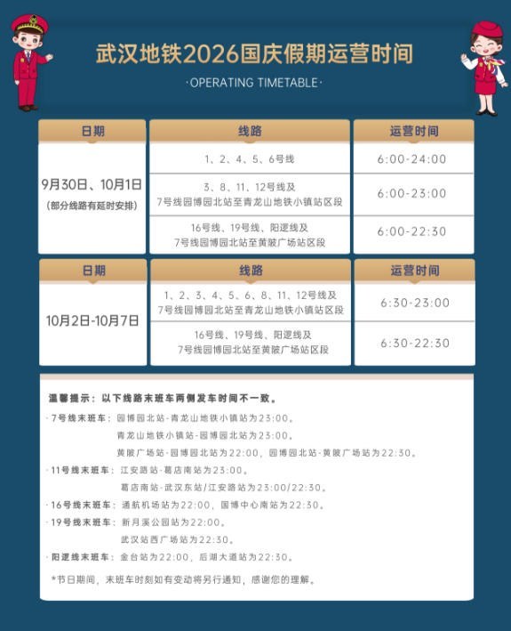国庆期间:武汉多条地铁线临时调整:涉及1、2、4、5、6号线