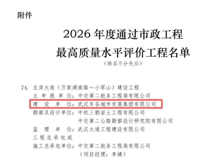 武汉经开区左岸大道(万家湖南路~小军山)项目上榜